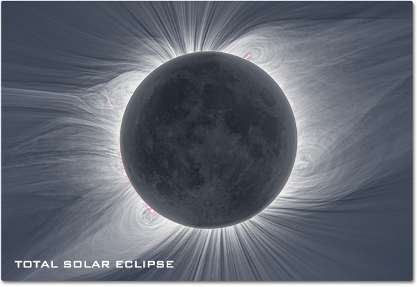 A photograph of a solar eclipse revealing the dramatic coronal streamers that are normally too faint to see over the intense light of the sun's chromosphere.