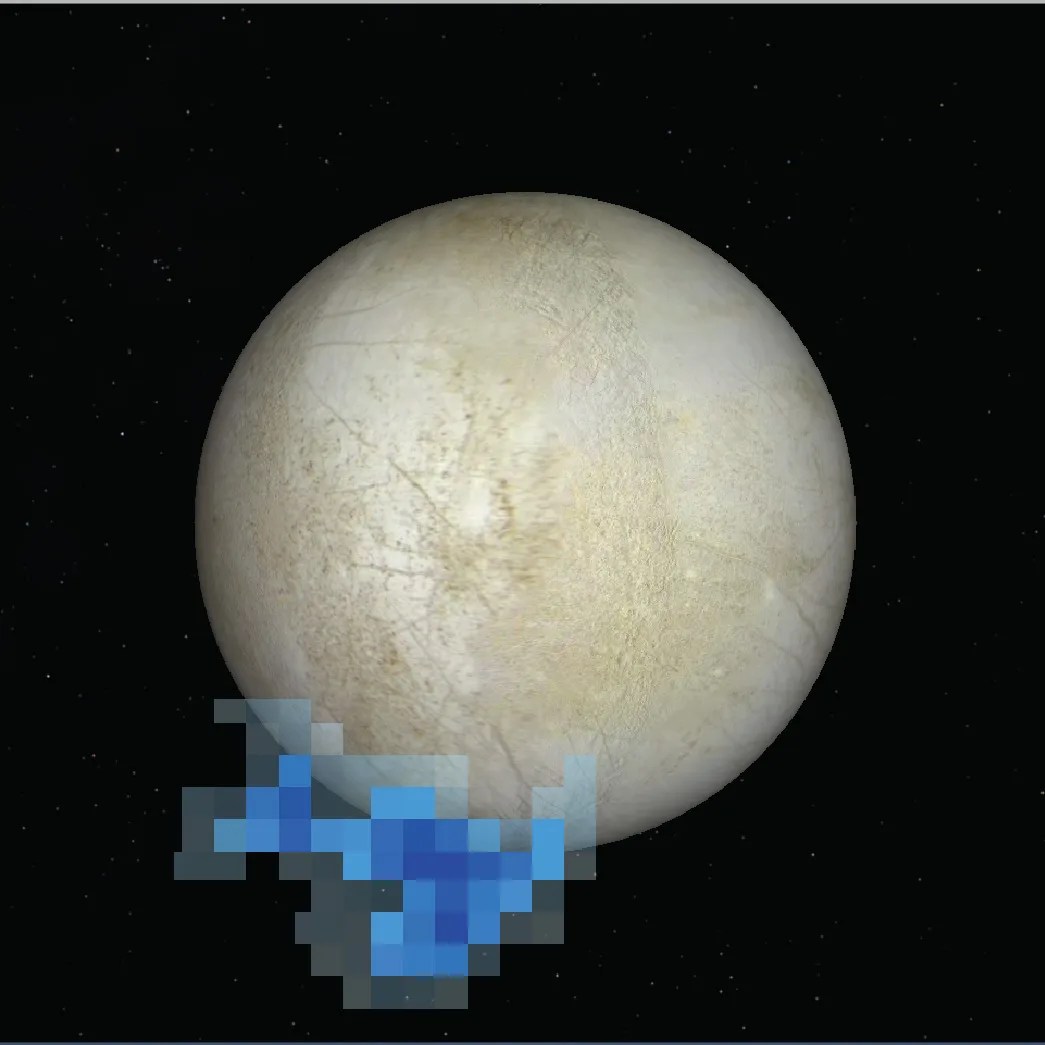 A beige, icy world scarred by dark lines. Blue area extending into space from the lower-left quadrant of the Europa.