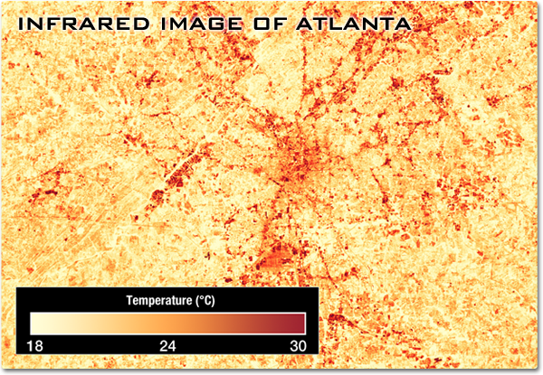 This image shows spots of orange and red – indicating elevated temperatures of plus 24 to 30 degrees Celsius – tracing the urban areas in and around the city of Atlanta.