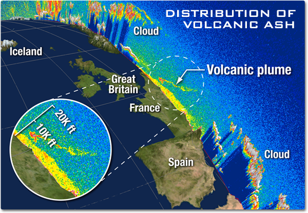 A view of western Europe showing the depth of the atmosphere and the cloud and aerosols. A wisp of ash from the Iceland volcano can been seen drifting over France.