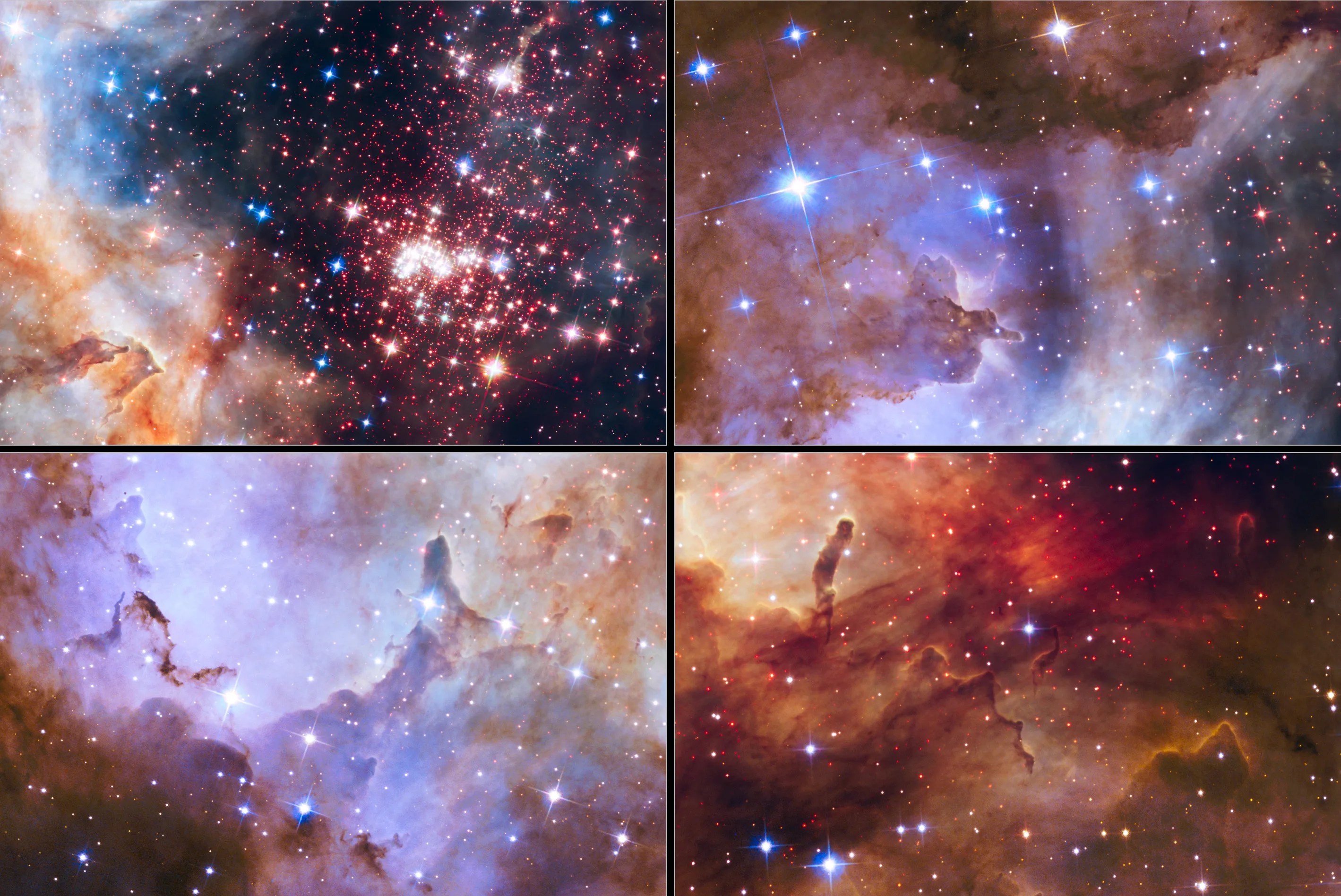 Four images focusing in on areas of Westerlund 2. Each image features bright stars and fantastic sculptures of gas and dust in shades of pale blue and orange.