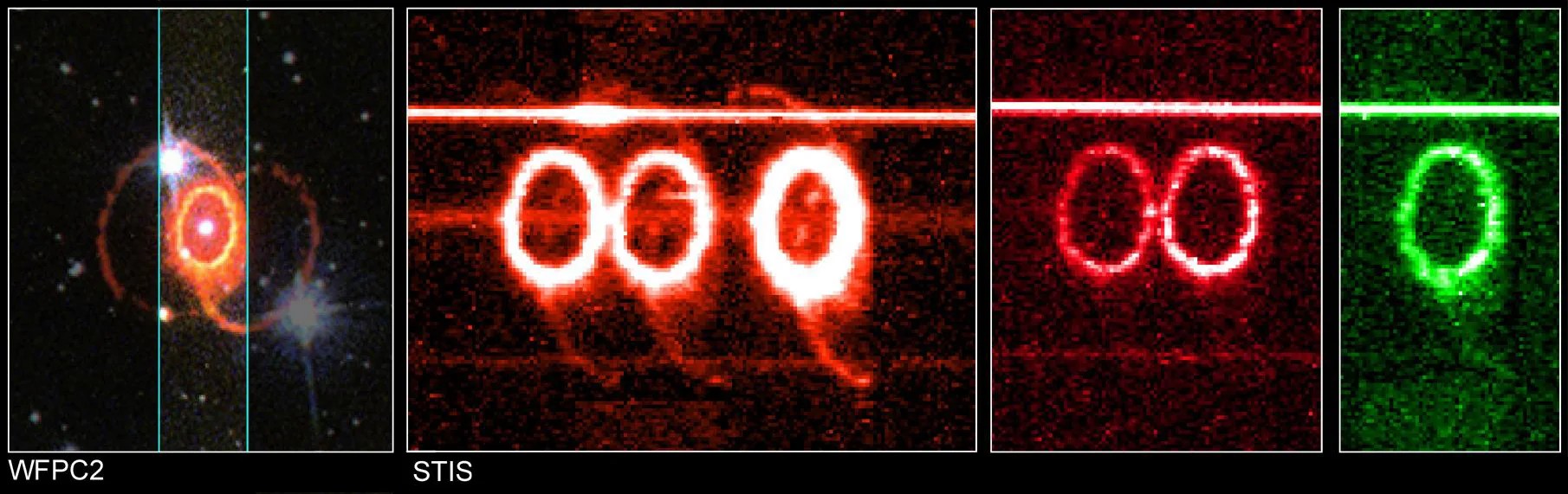 Hubble views of Supernova 1987A from WFPC2 (left) and STIS instruments