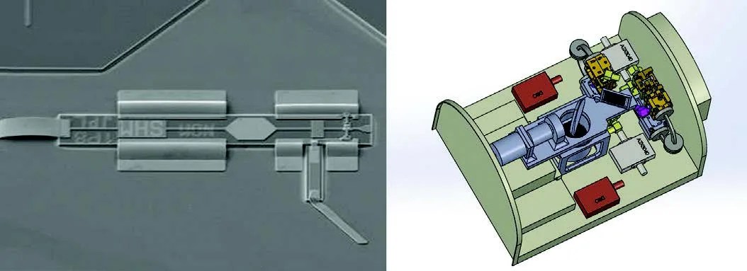 Close-up of the 2.06 THz Schottky diode mixer (left); a computer-generated model of the full TLS instrument (right).
