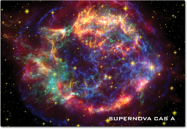 A vibrant multi-colored cloud describes how supernova CAS-A looks in this x-ray image composite.