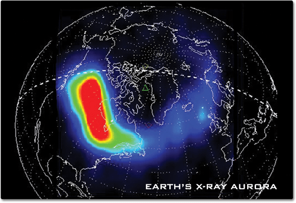 A view of the Earth's north pole with a color map of an aurora in x-ray. A large red area showing the most intensity is over northern Canada.