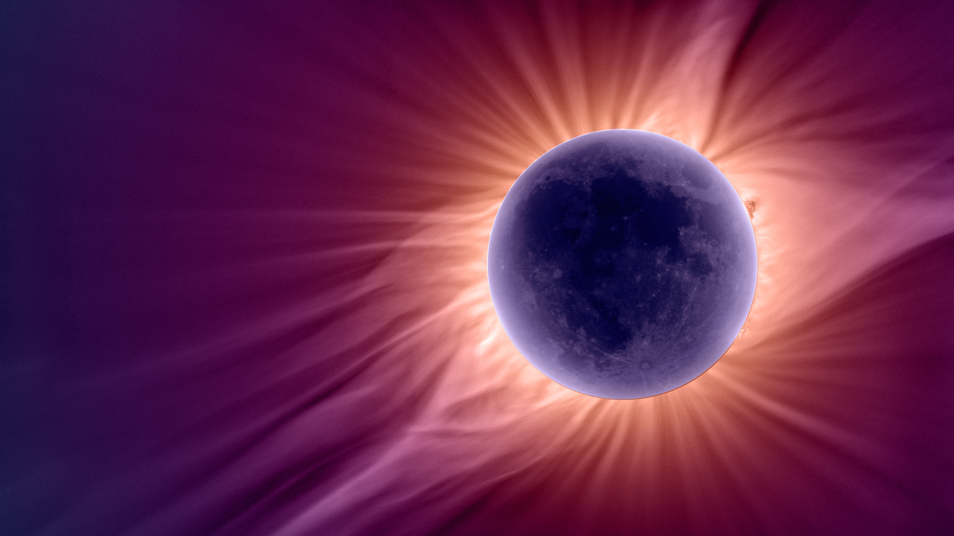 一轮紫色的月亮，明亮的白色，薄薄的太阳大气层围绕着它滚滚而出。它填满了红色和紫色的背景。