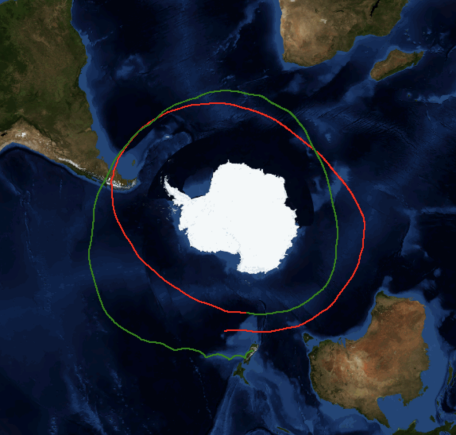 A map with Antarctica at the center. A green line that transitions into a red line forms a circle around the continent showing the flight track of NASA's super pressure balloon. The red line represents the first circumnavigation around the southern hemisphere, and the green represents the current, second circumnavigation.