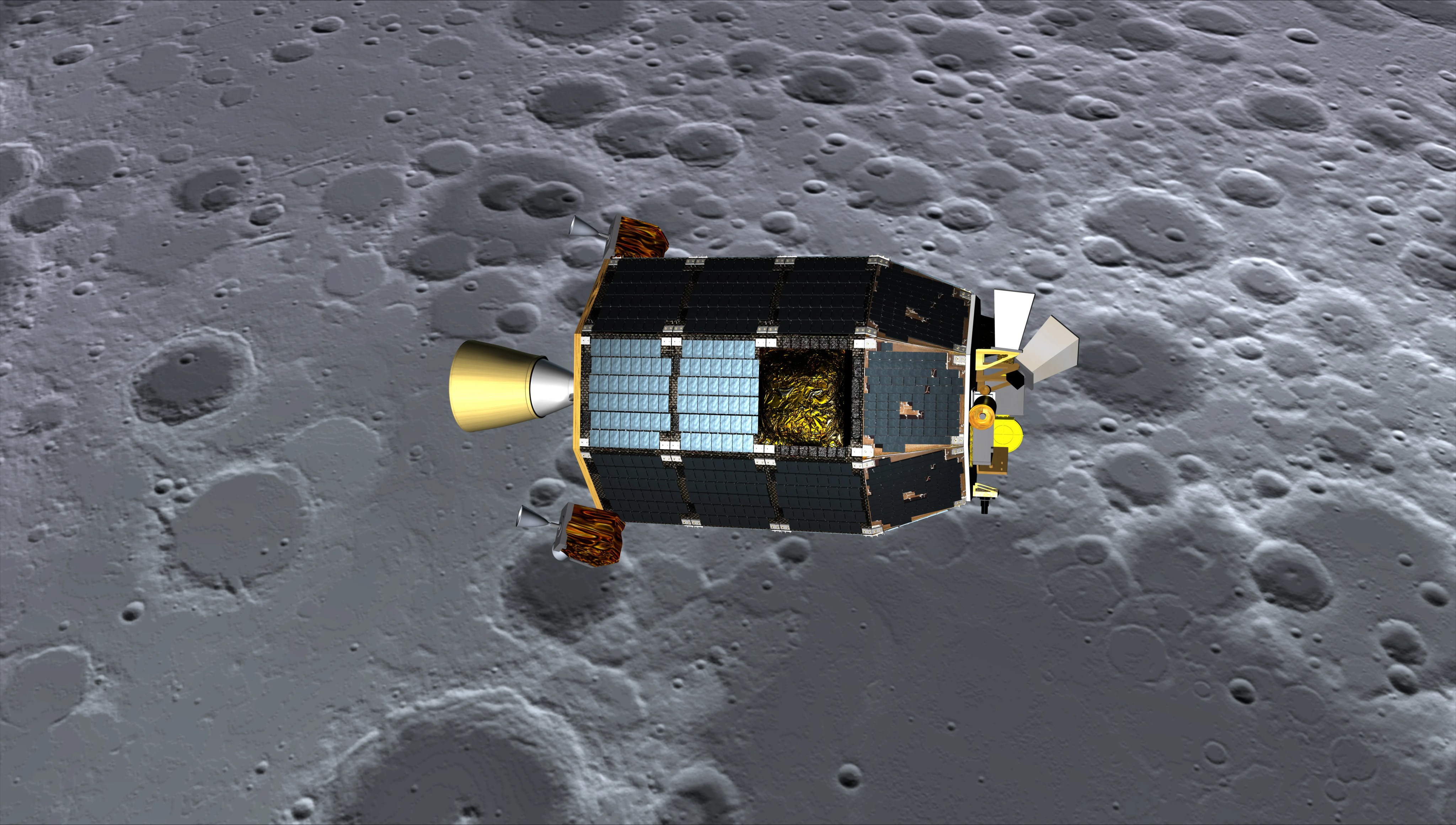 An artist's concept of LADEE spacecraft orbiting near the surface of the moon.
