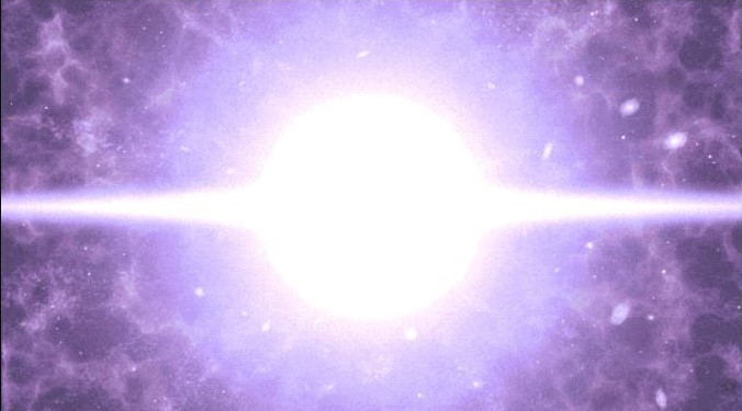 A bright light at image center against a purple-black background. Ripples of gas radiate outward from the bright light. A disk of white light extends across the center of the image from left to right.