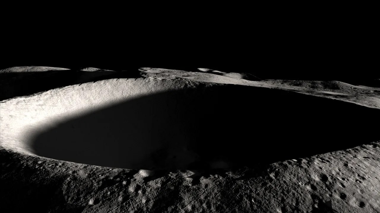 A permanently shadowed lunar crater, lit only on the left-side rim