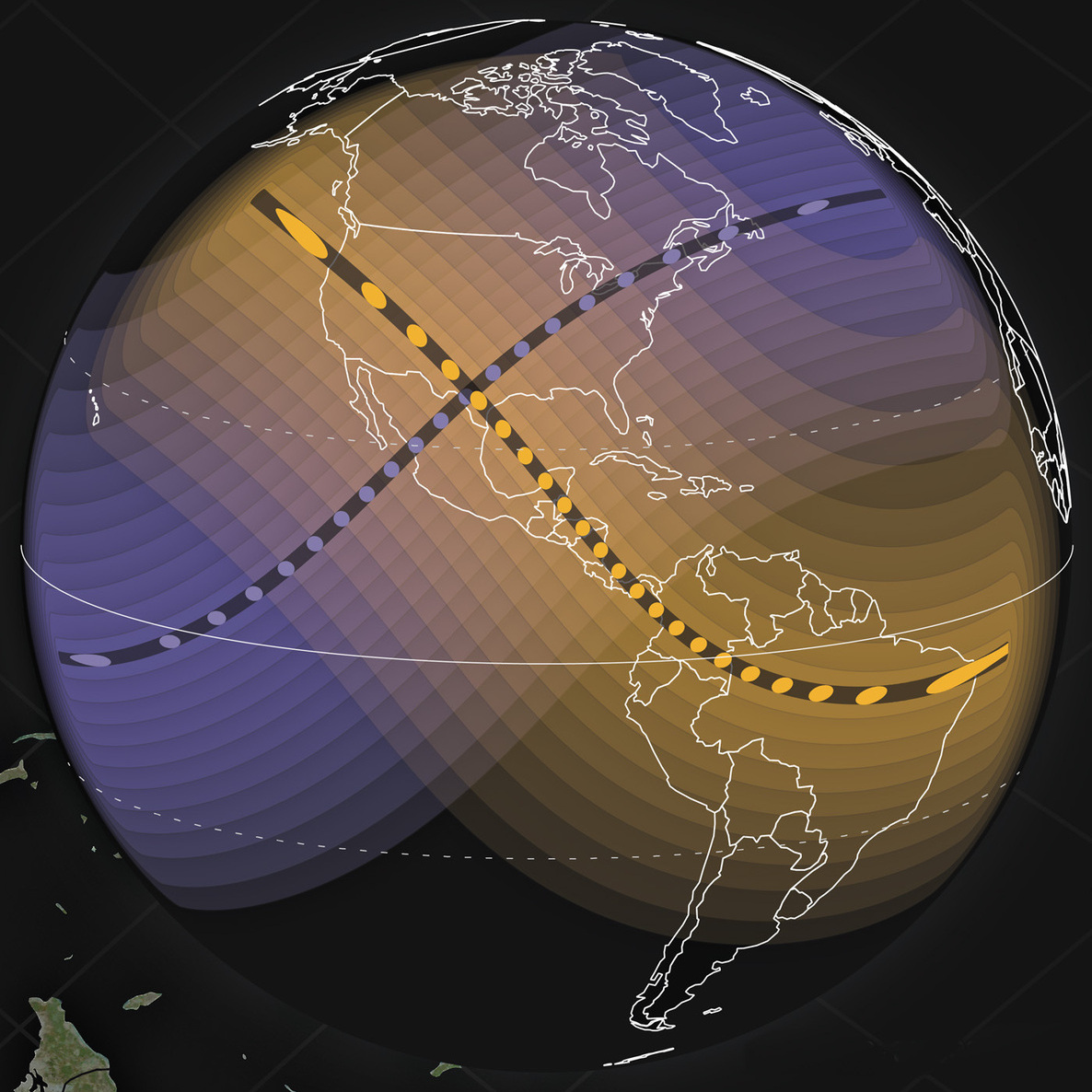 Two eclipse paths intersecting to make an "X" across the globe.