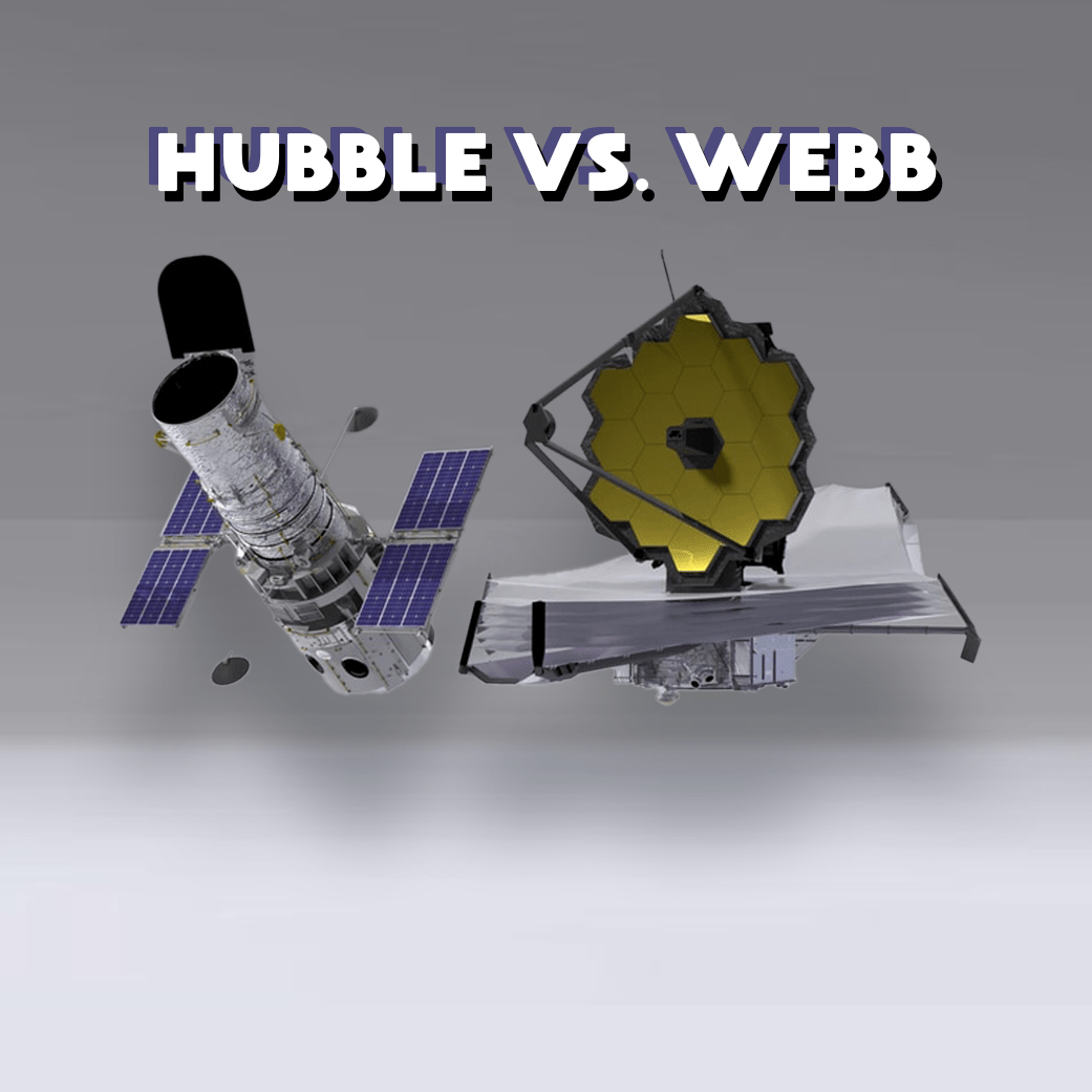 Illustration of the Hubble Space Telescope (left) and the James Webb Space Telescope (right) on a grey background.