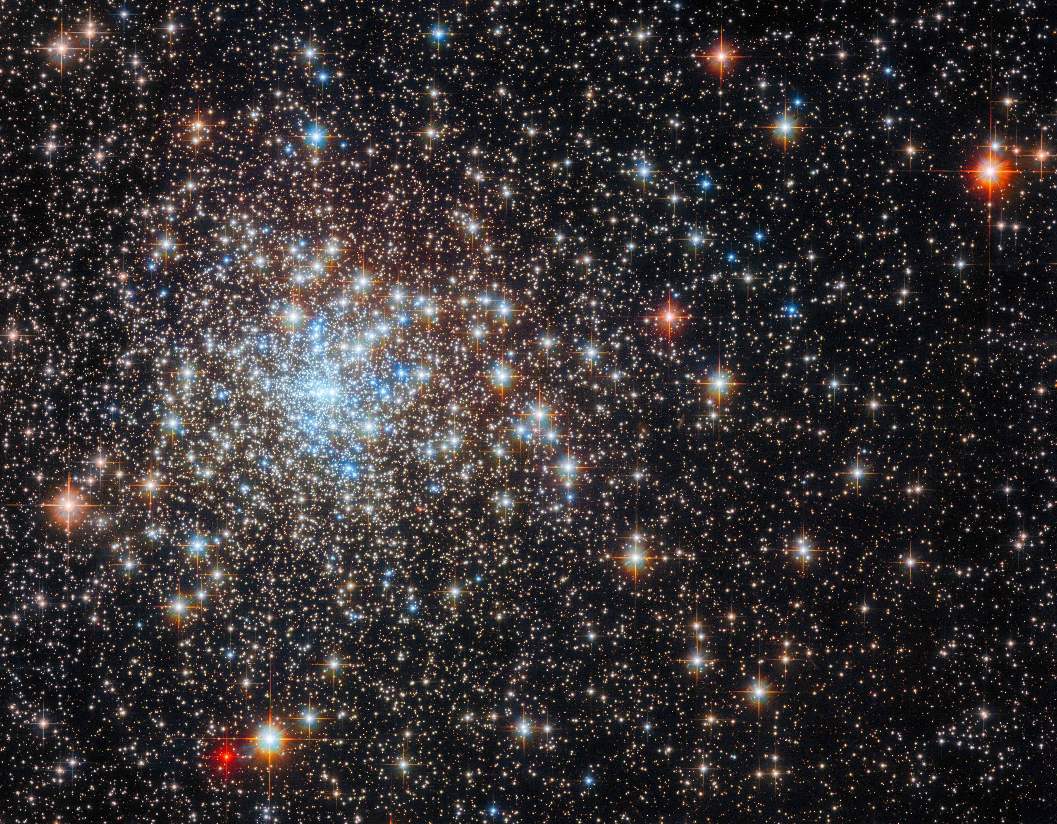 A dense cluster of bright stars. The core of the cluster is to the left and has a distinct group of blue stars. Surrounding the core are a multitude of stars in warmer colors. These stars are very numerous near the core and become more sparse, as well as more small and distant, out to the sides of the image. A few larger stars also stand in the foreground near the edges of the image.]