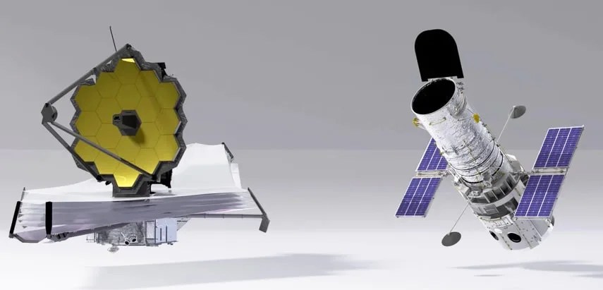 Illustration of the Webb space telescope on the left and the Hubble space telescope on the right.