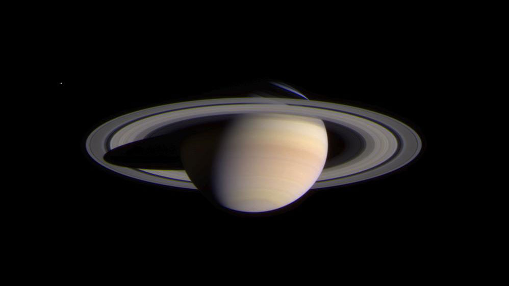 A view of Saturn from NASA Cassini spacecraft showing the planet's ring system.