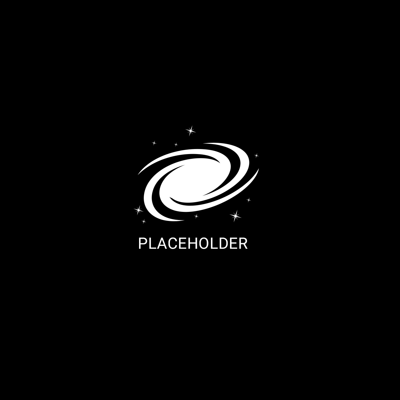 icon of a galaxy and white placeholder text on a black background