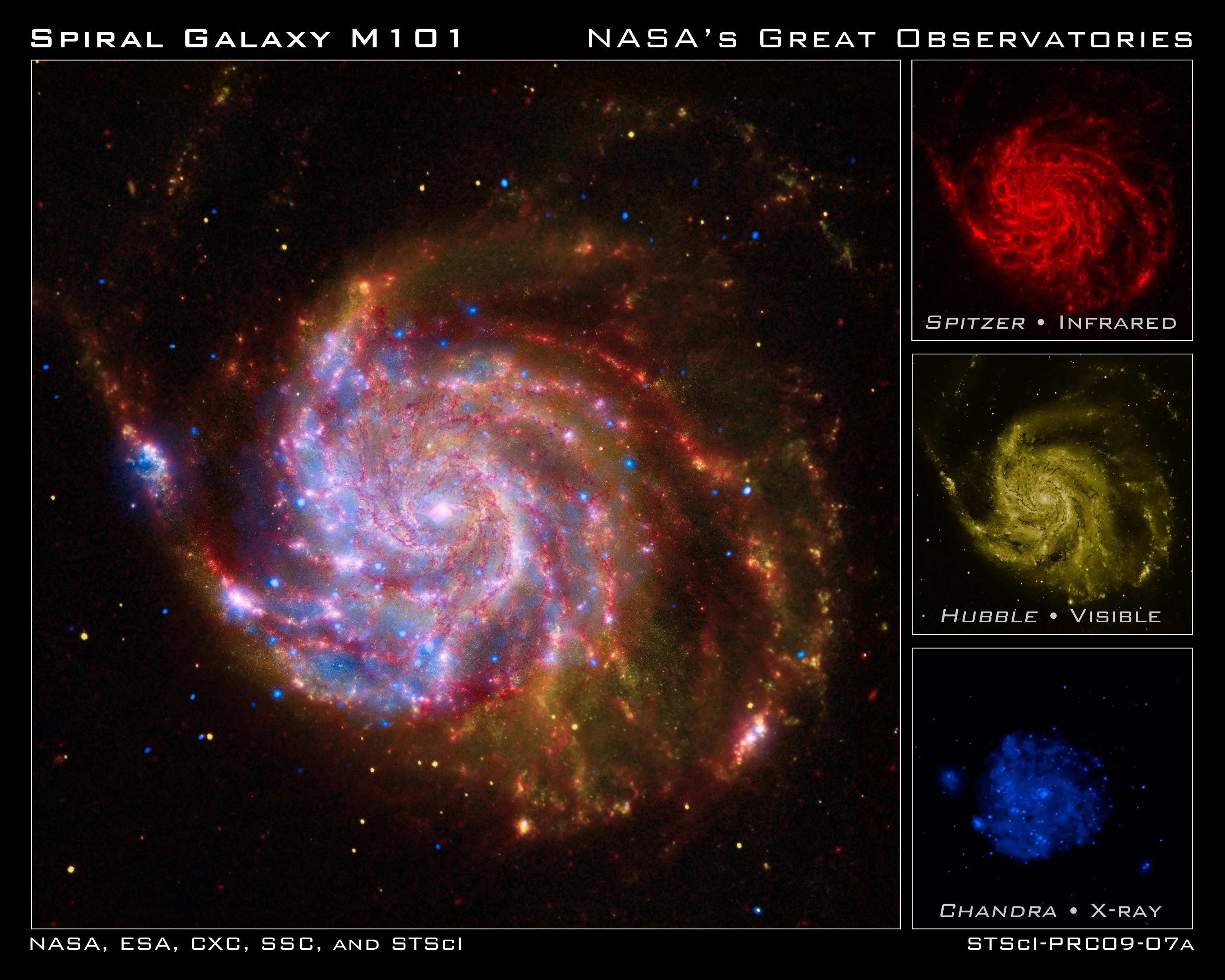 The three small images used for the composite show a galaxy in red, yellow, and blue. The composite shows all three colors together revealing a multi-colored galaxy.
