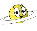 Cartoon-like illustration of Saturn and its rings. Saturn is yellow and the rings are white.