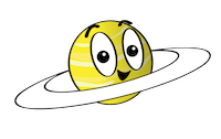Cartoon-like illustration of Saturn and its rings. Saturn is yellow and the rings are white.