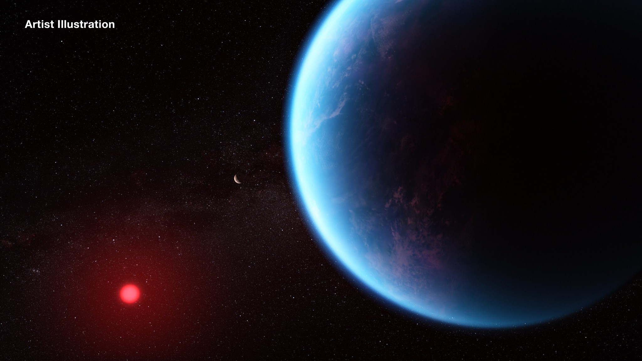 This artist illustration shows a blue planet on the right, with its small, glowing red star in the lower left. Between them is another planet, a tiny white crescent in the distance.