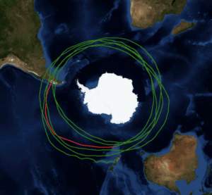map of SuperBIT balloon flight path, showing green circlings around Antarctica