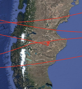 illustrated flight path of SuperBIT balloon, showing red criss-crossings over Argentina and Chile