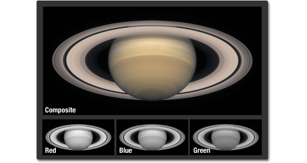 Three small grayscale images showing each channel of an image of Saturn. The forth image shows a full color image of Saturn with light browns and warm grays.