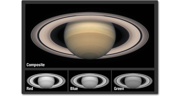 Three small grayscale images showing each channel of an image of Saturn. The forth image shows a full color image of Saturn with light browns and warm grays.