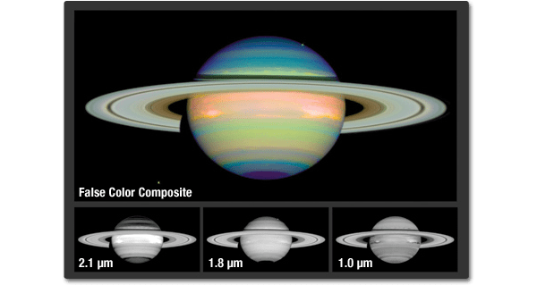 Three small grayscale images showing each channel of an image of Saturn in false color. The forth image show Saturn with brilliant colors of purple, blue, green and orange.