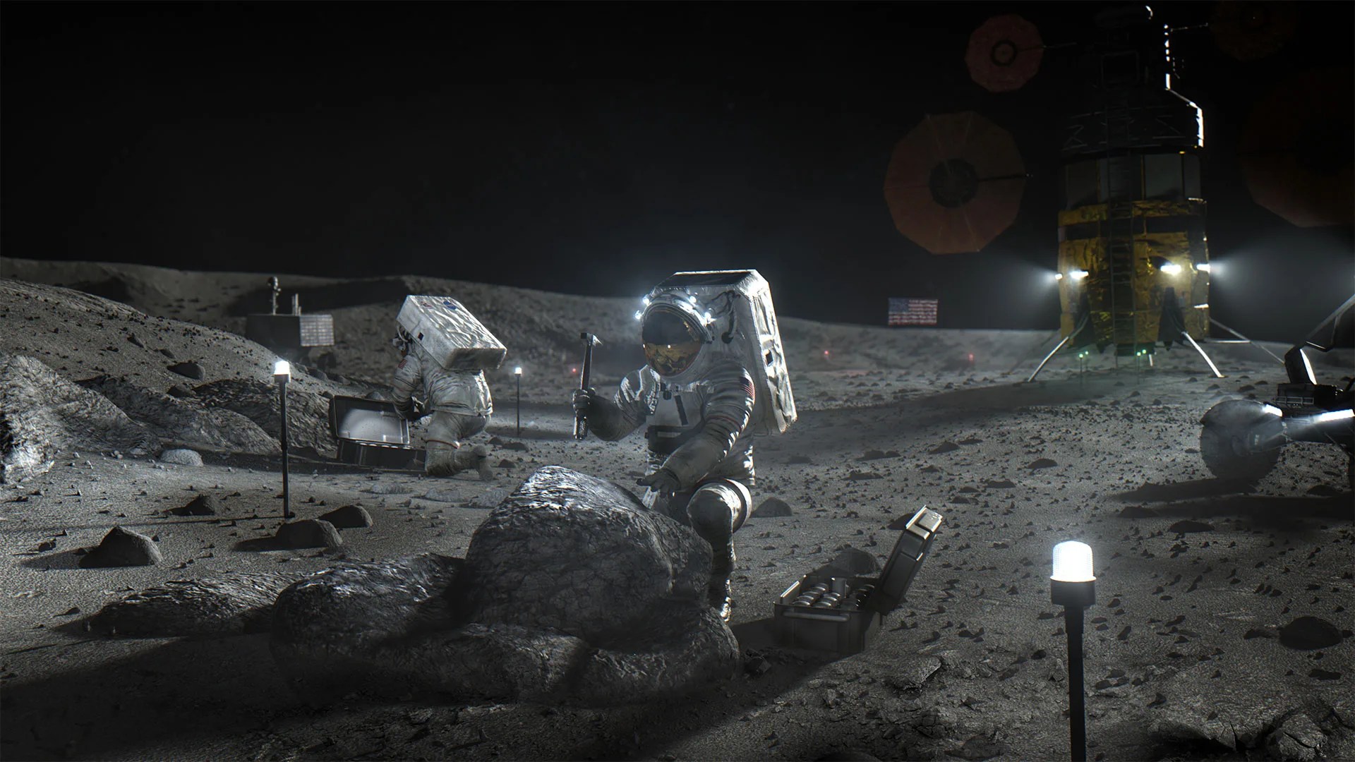 An illustration of two astronauts working on the Moon