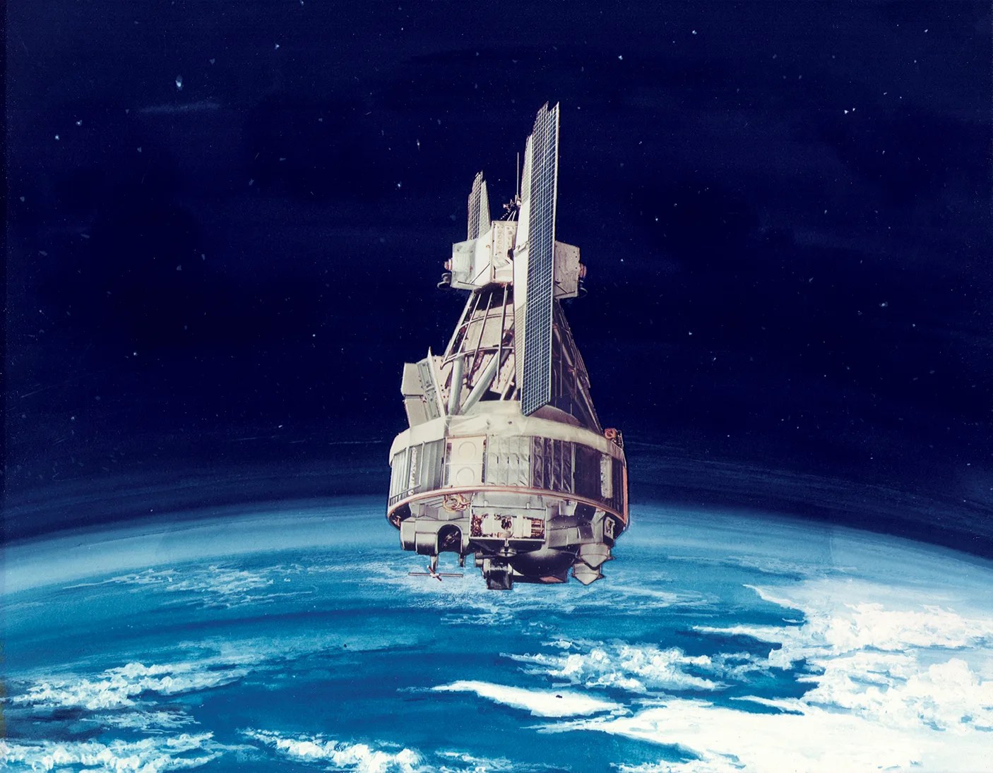 An artist's concept of the Nimbus II spacecraft in orbit above Earth.
