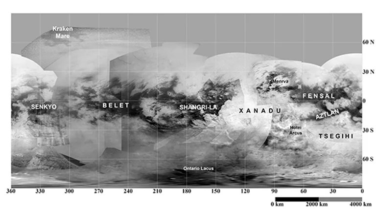 A simple cylindrical projection of Titan's surface