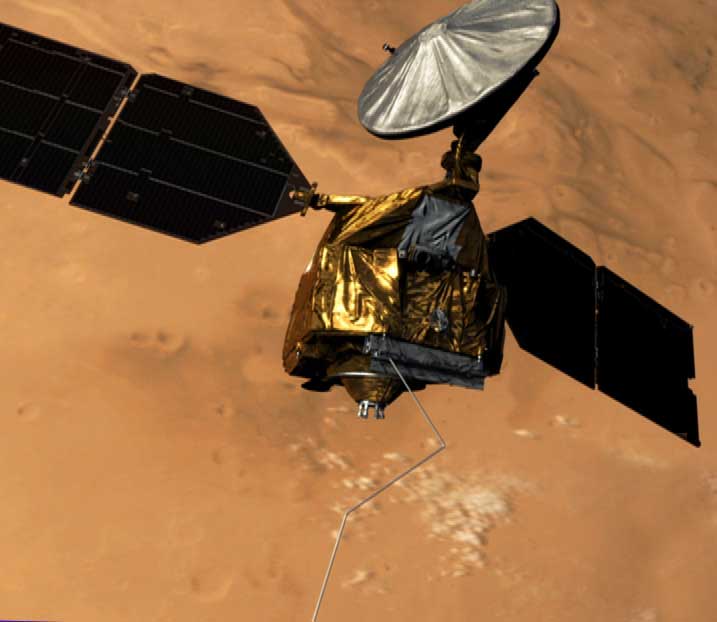 Illustration of Mars Reconnaissance Orbiter over Mars.