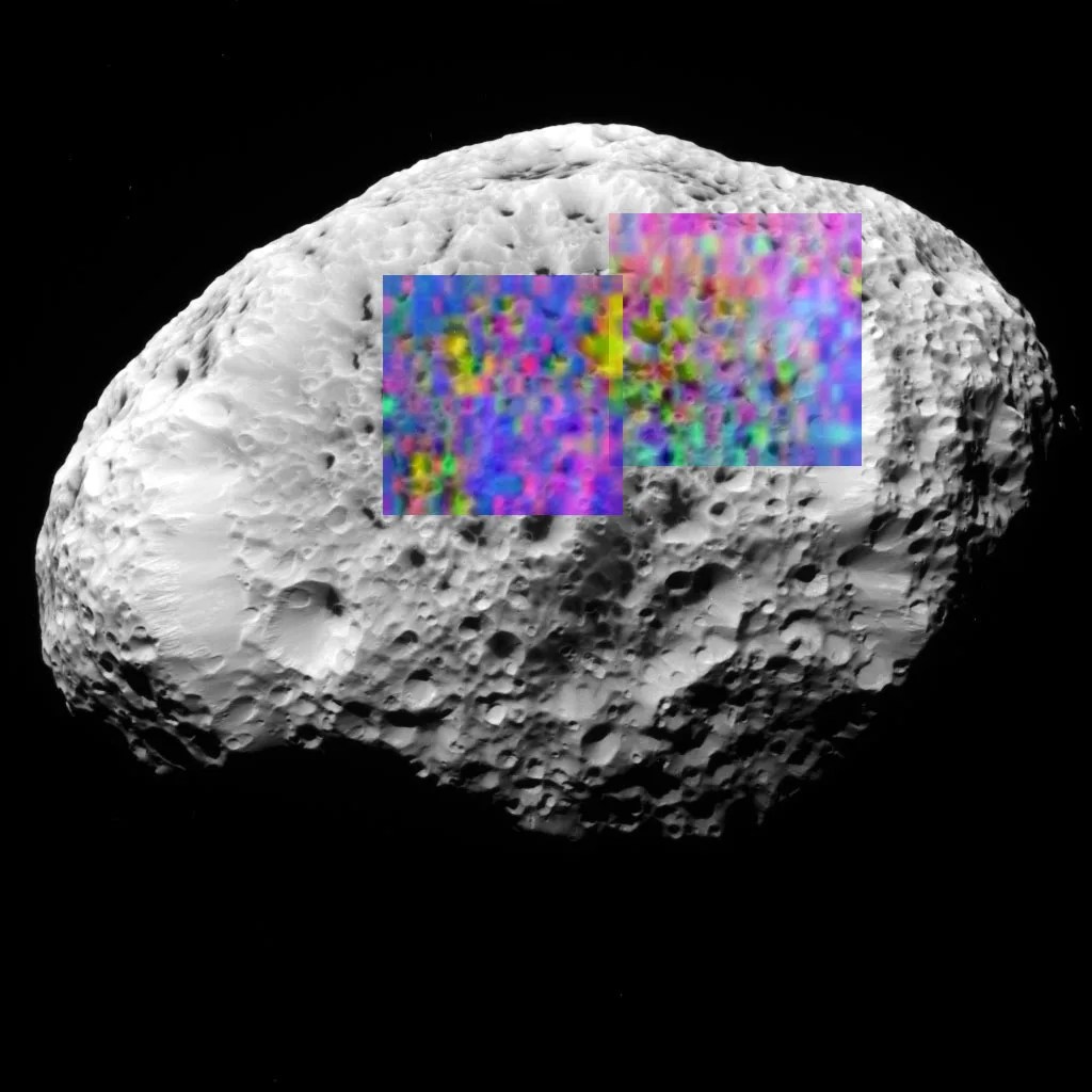 Black and white image of Hyperion with data overlaying showing concentrations of hydrocarbons.