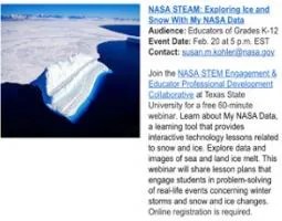 Thumbnail with a photo of ice and water on the left and details for a NASA STEAM webinar on the right.