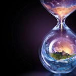 A beautiful graphic showing the Universe and the Earth inside an hourglass