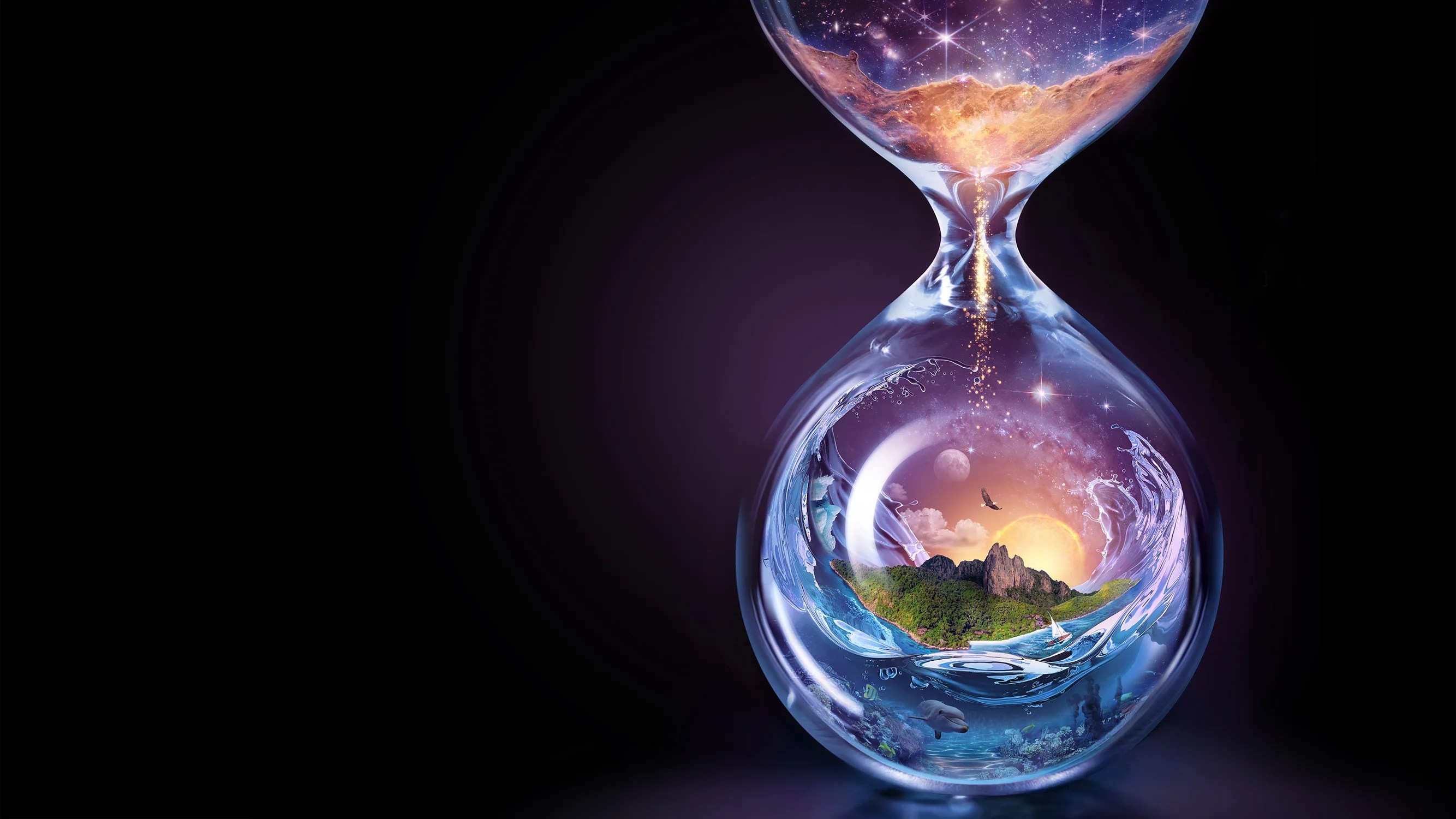 A beautiful graphic showing the Universe and the Earth inside an hourglass