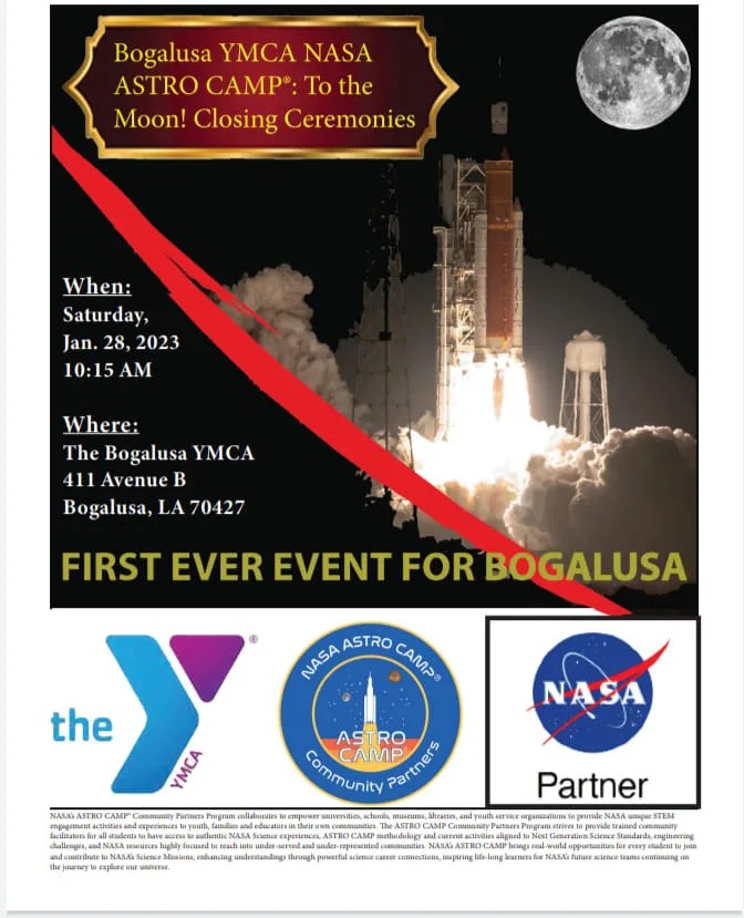 The image shows the closing ceremony flyer for Bogalusa's ASTRO CAMP.
