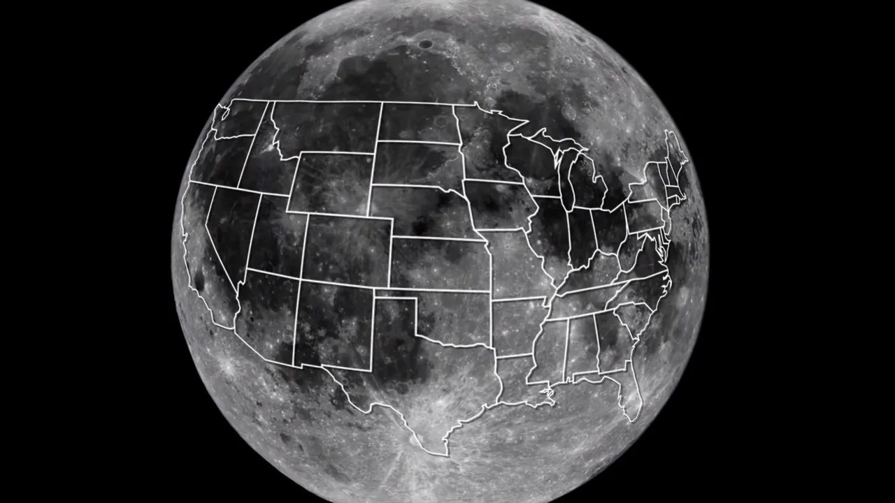 Overlay of the outline of the United States over the Moon