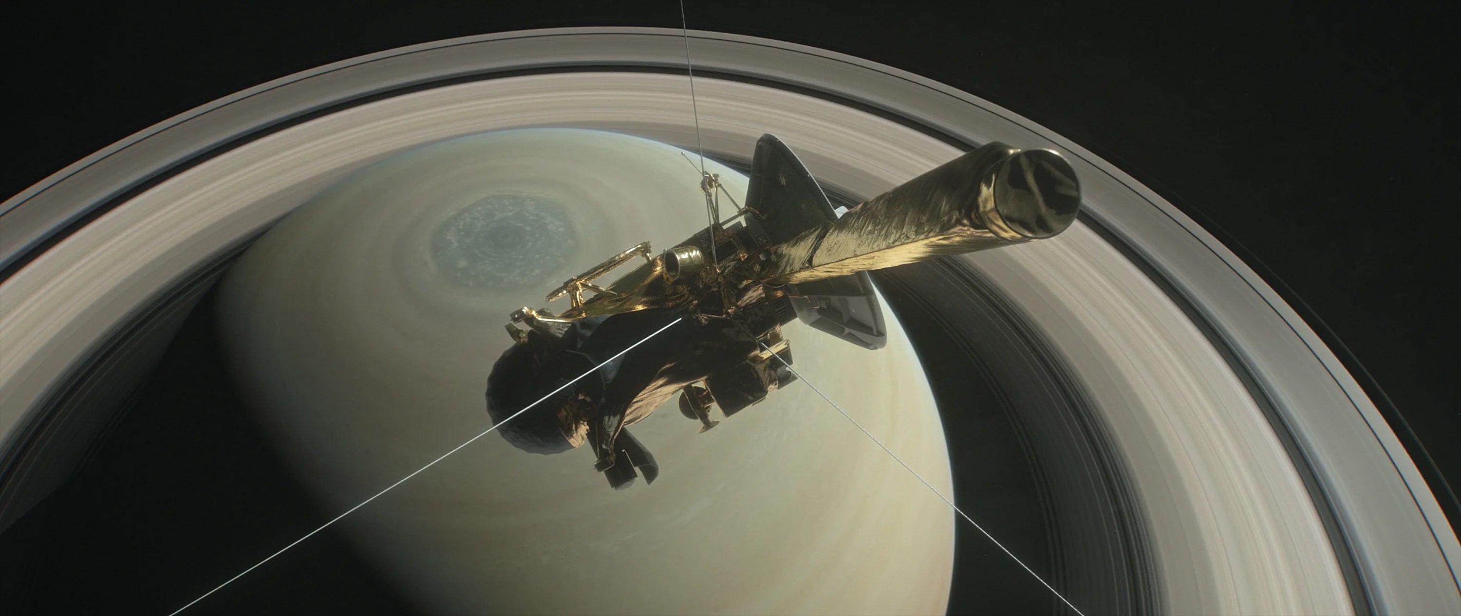 Illustrated Cassini above Saturn's rings.