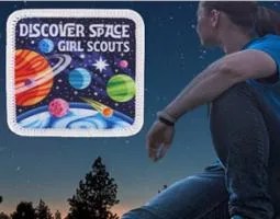 Discover Space Girl Scouts patch featuring colorful cartoon planets.