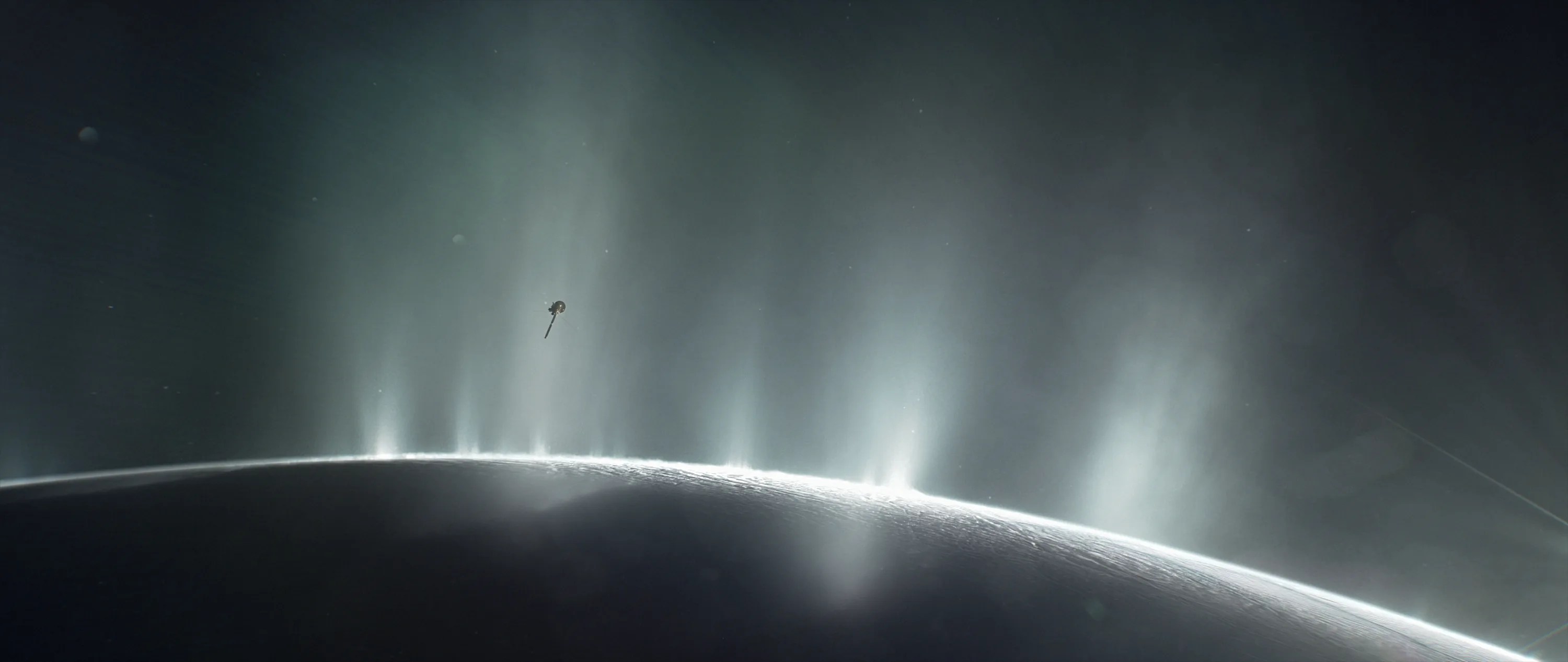 Illustration showing Cassini flying through Enceladus plume.