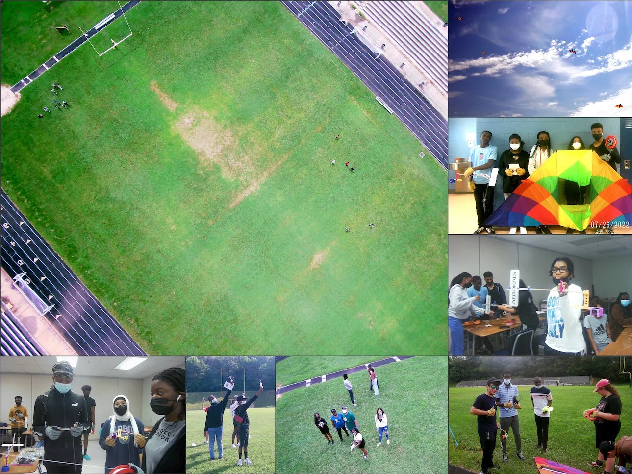 Collage of photos showing students engaging in kite and Aeropod flying missions.