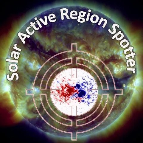 An image of the sun's atmosphere which has green eruptive areas on it. Overlaying the sun is an illustration of a crosshairs with a white center filled with red and purple dots representing data. The text Solar Active Region Spotter follows the arc of the top hemisphere of the sun.