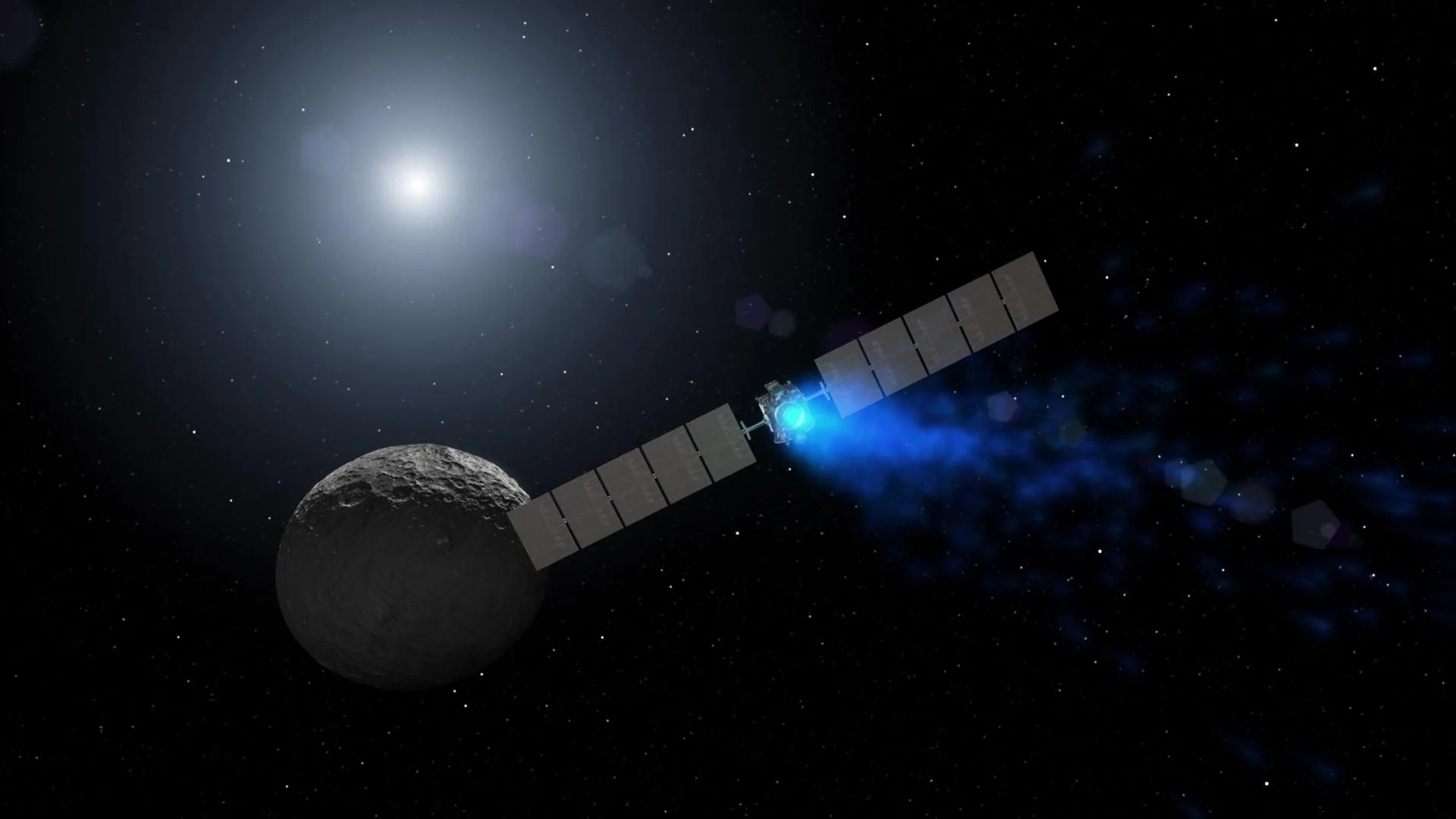 Artist's concept of NASA's Dawn mission at dwarf planet Ceres.