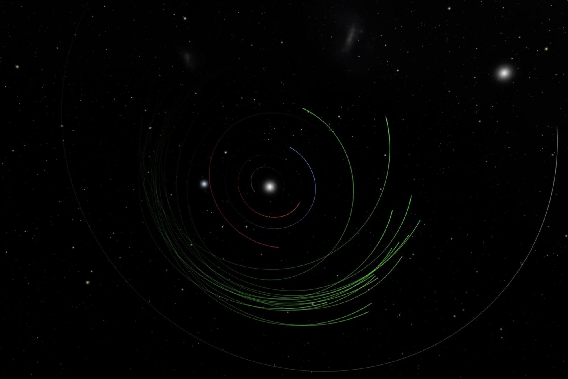A digital rendering of asteroids in orbit in space.