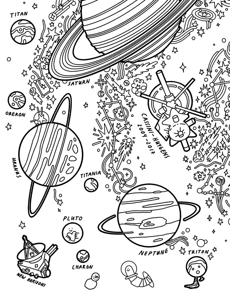 coloring page featuring Saturn, Uranus, Neptune, some of their moons, and the Cassini-Huygens and New Horizons spacecraft