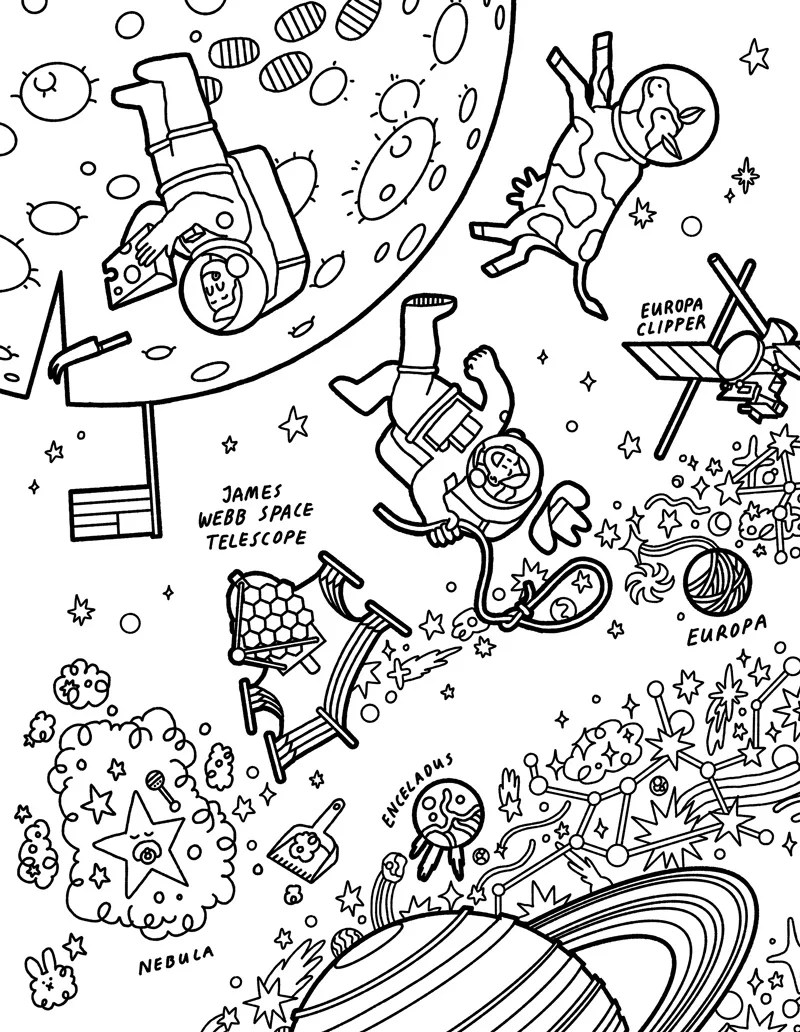 coloring page featuring astronauts and a cow in space, James Webb Space Telescope, Europa and the Europa Clipper mission, and a nebula