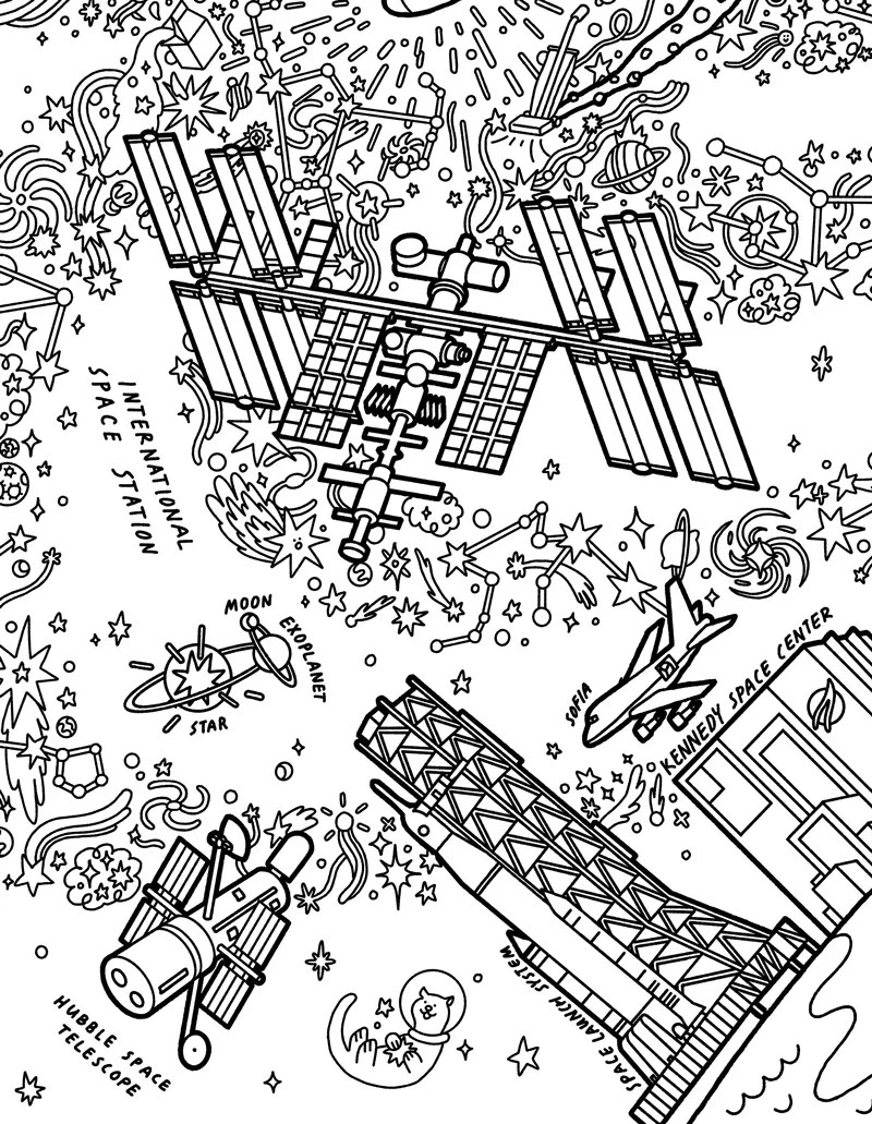 coloring page featuring the International Space Station, Hubble Space Telescope, Kennedy Space Center, and SOFIA