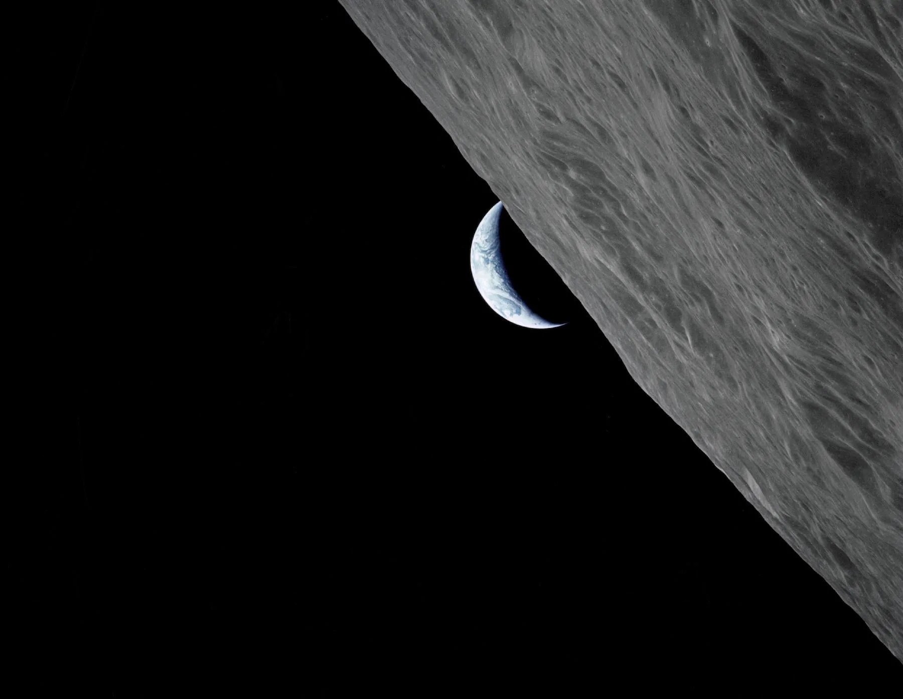earth over gray rocky lunar horizon against black space